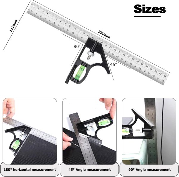 12" Metric Combination Square Ruler for Electricians and Carpenters, 45-90 Degree Marking Square, Bubble Level, Square Tool, Woodworking Square, Combo Square (300mm) - Image 2