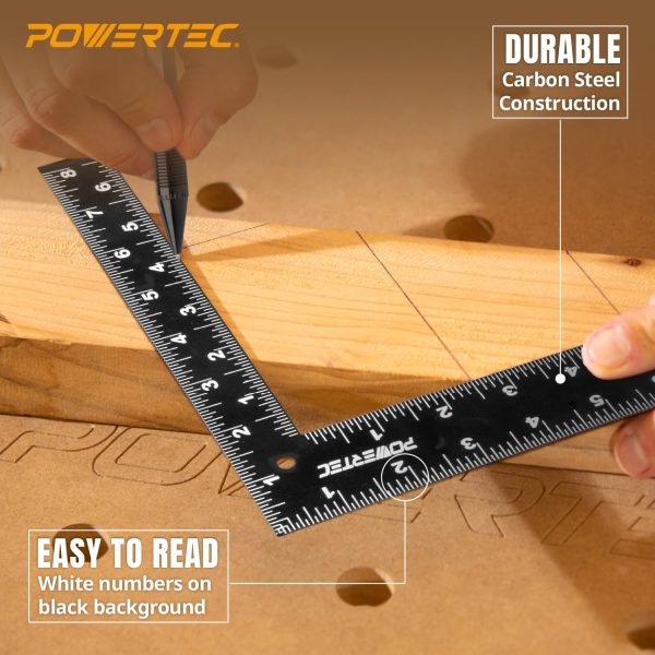 POWERTEC Carpenter Square 8" x 12" - L Square Ruler, Right Angle Square Tool, Woodworking Square for Carpentry, Construction, DIY, 1PK (80035) - Image 2